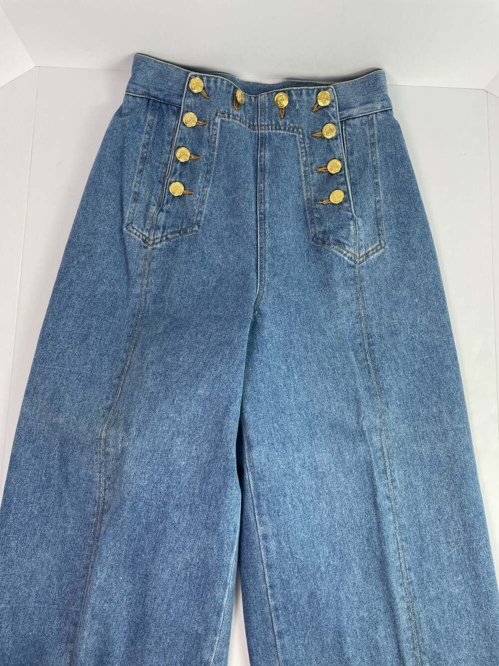 70’s Styleworks Vintage High-Waist Sailor Button Denim Pants - funky retro fit